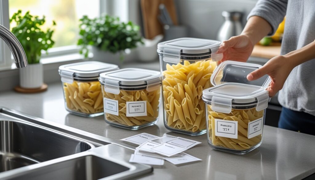 Storing leftovers of penne and pasta in airtight containers.