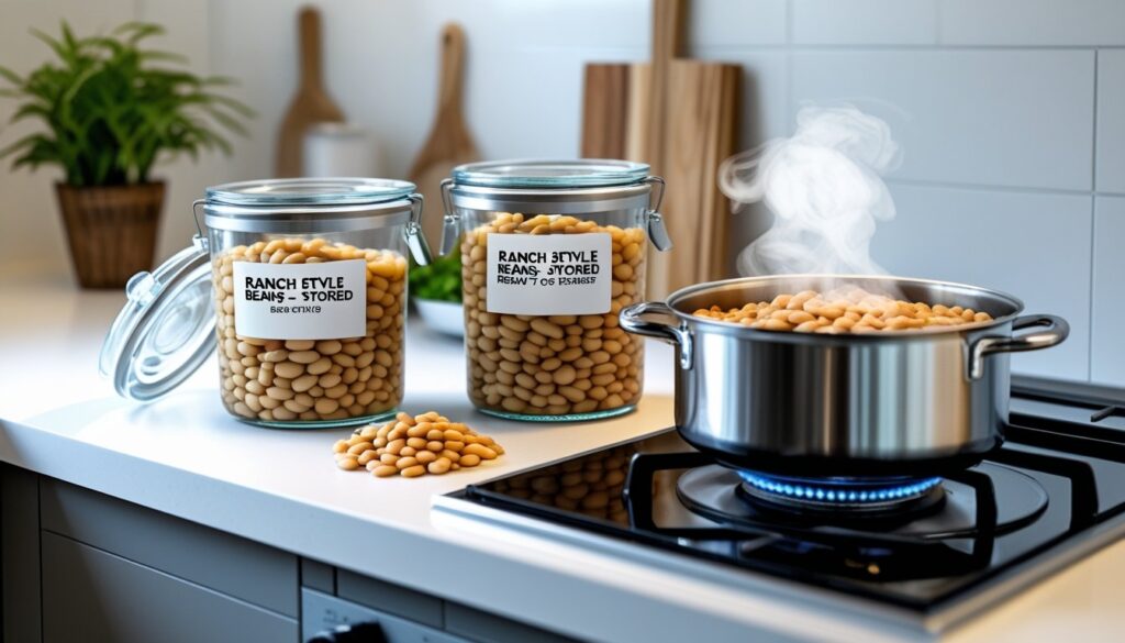 Storage and reheating instructions for ranch style beans.