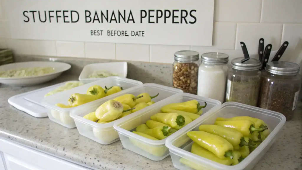 Proper storage methods for stuffed banana peppers in a kitchen.