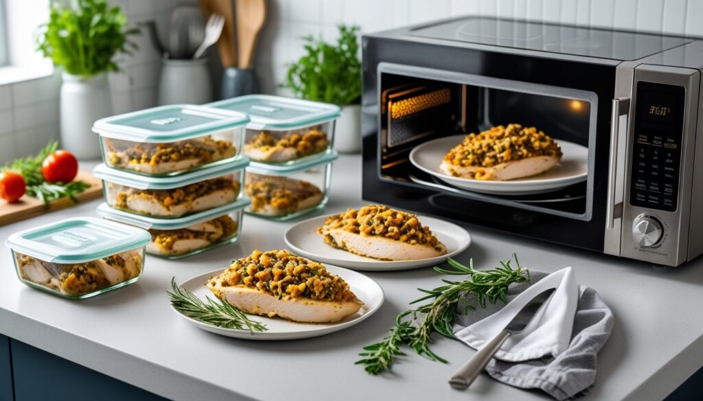 Storage and reheating tips for stuffed chicken breast.