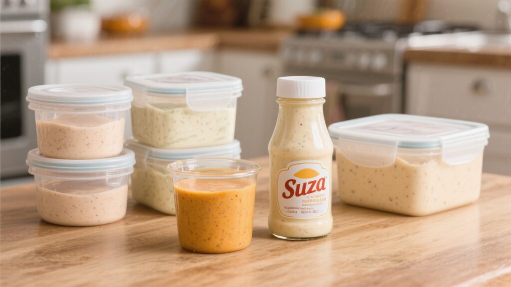 Storage tips for suiza sauce displayed in a kitchen.