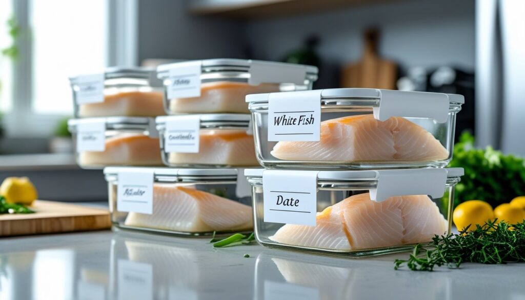Proper storage methods for leftover white fish in airtight containers.