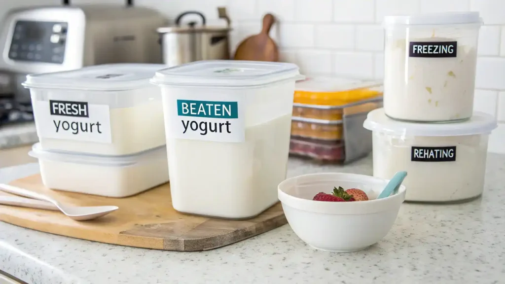 Storage tips for yogurt beaten with containers and labels.