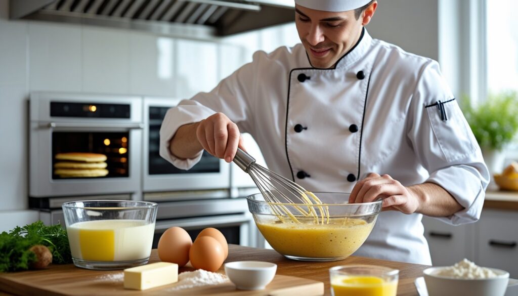 A chef preparing German pancakes in a cozy kitchen setting.