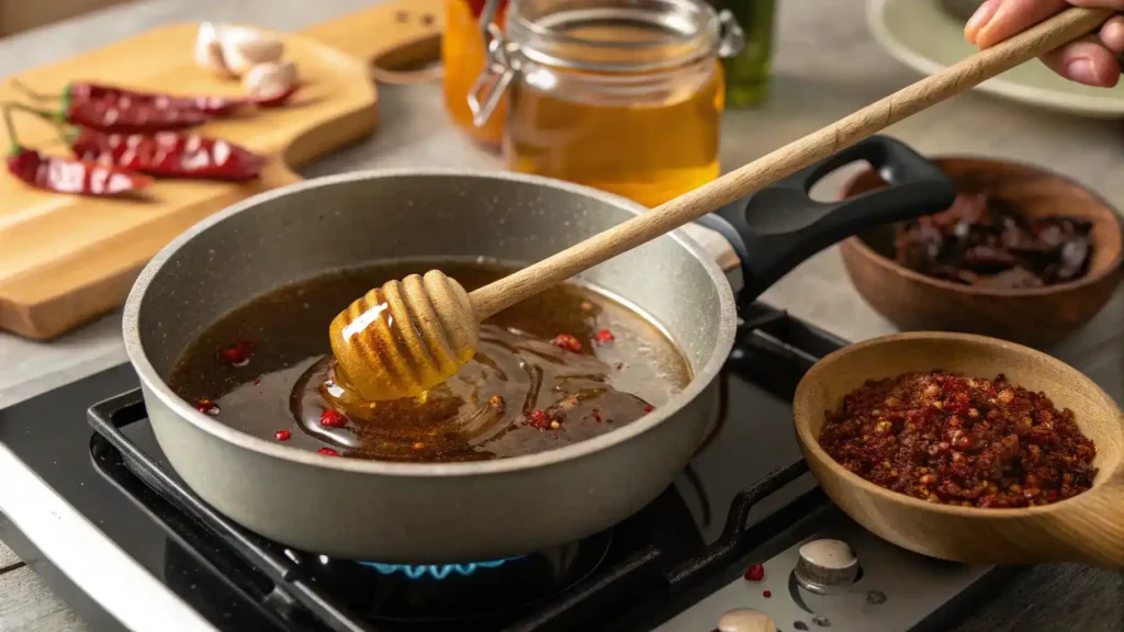 A saucepan with honey being heated on a stove, red pepper flakes and a wooden spoon beside it.