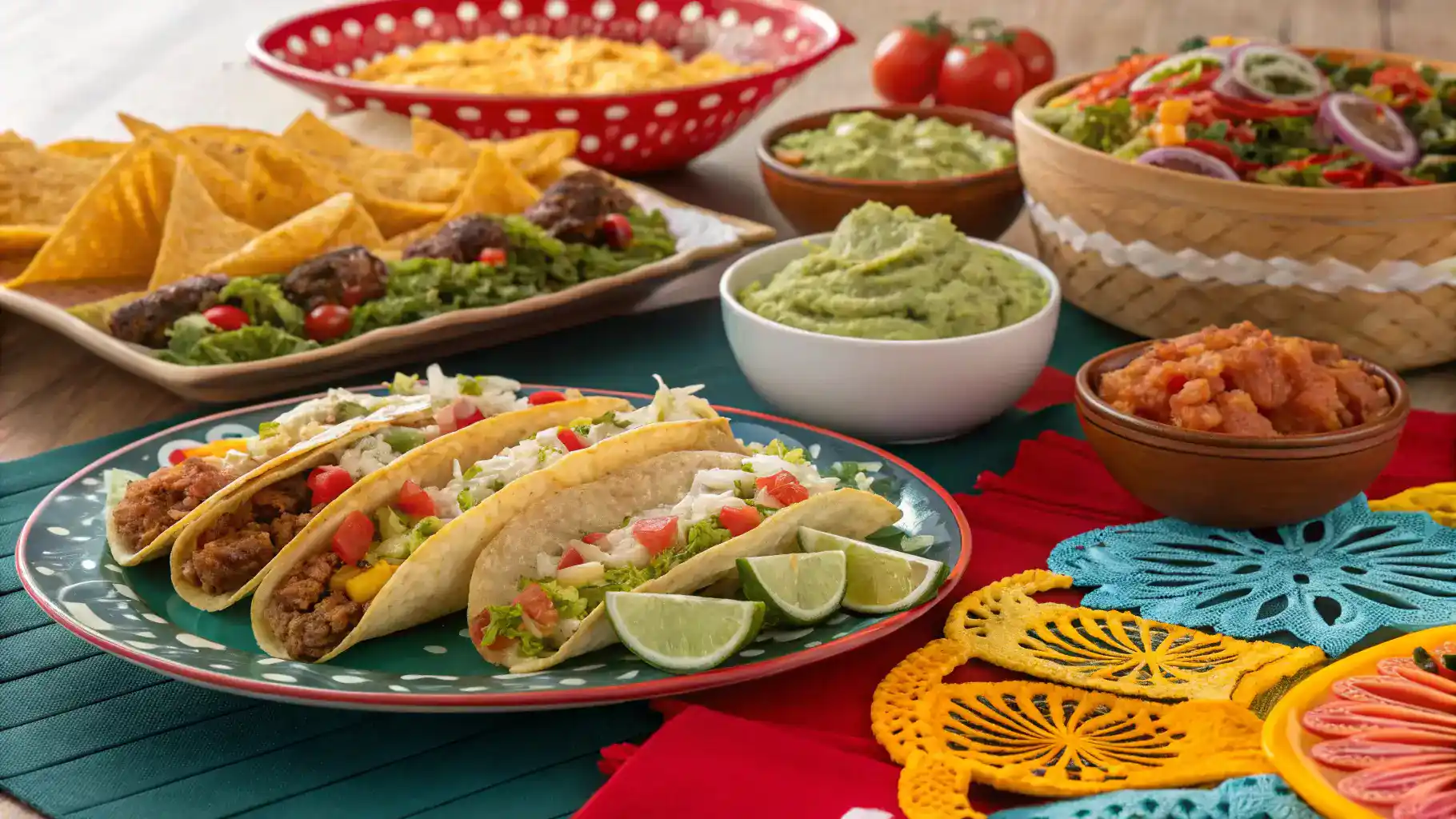 A colorful fiesta of various Mexican dishes on a table.