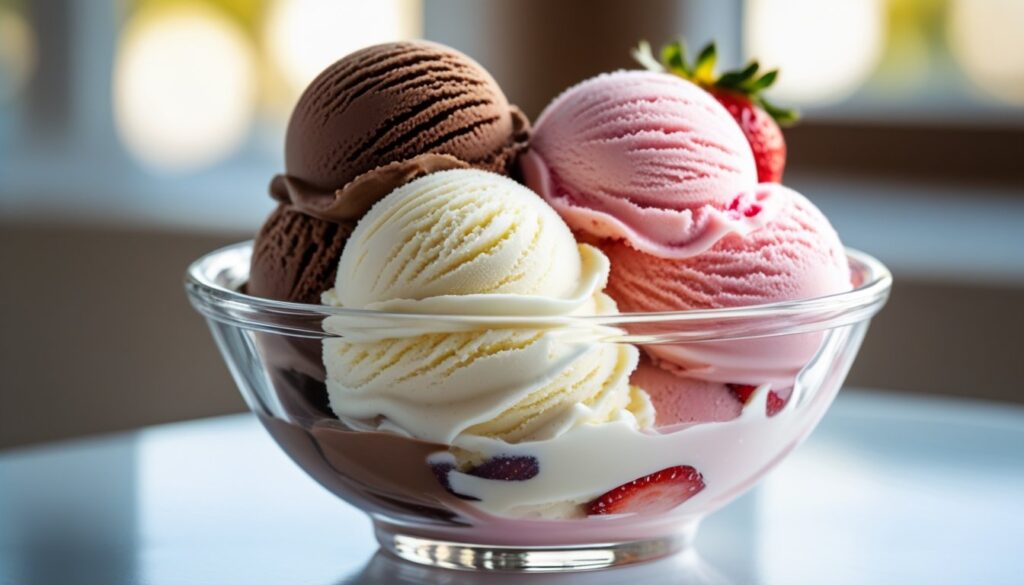 A bowl of Neapolitan ice cream with distinct layers of chocolate, vanilla, and strawberry.