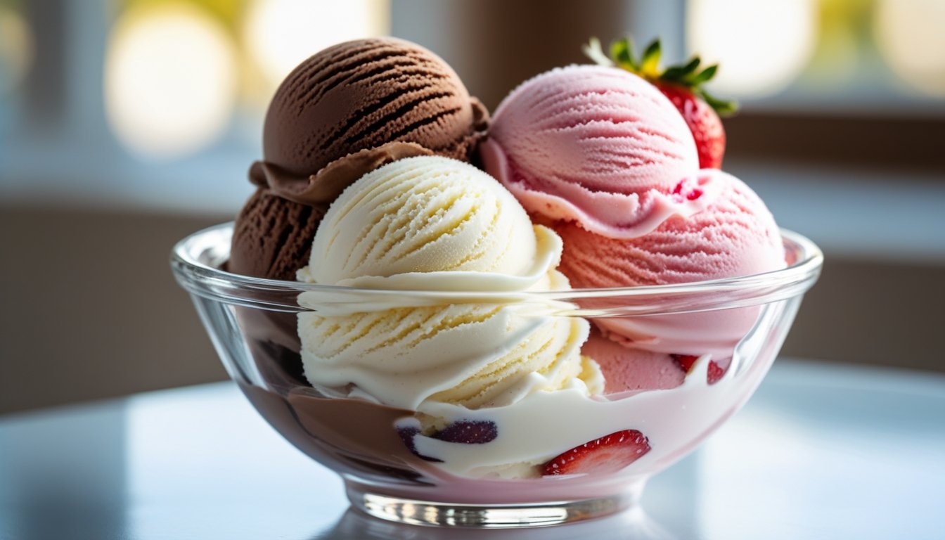 A bowl of Neapolitan ice cream with distinct layers of chocolate, vanilla, and strawberry.