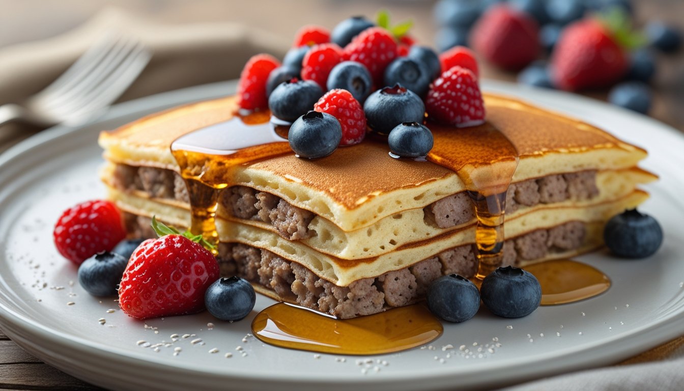 Delicious Pancake Sausage Casserole served with syrup and berries.