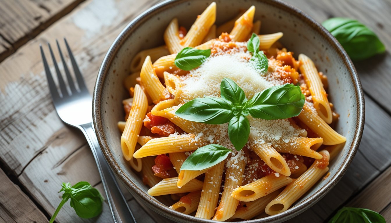 A bowl of penne and pasta garnished with Parmesan cheese and basil.
