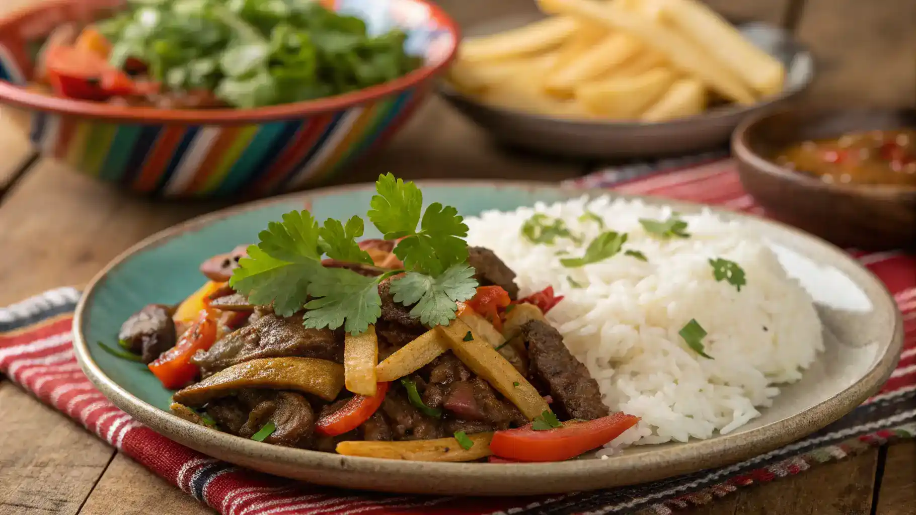 A beautifully plated lomo saltado with rice and fries.