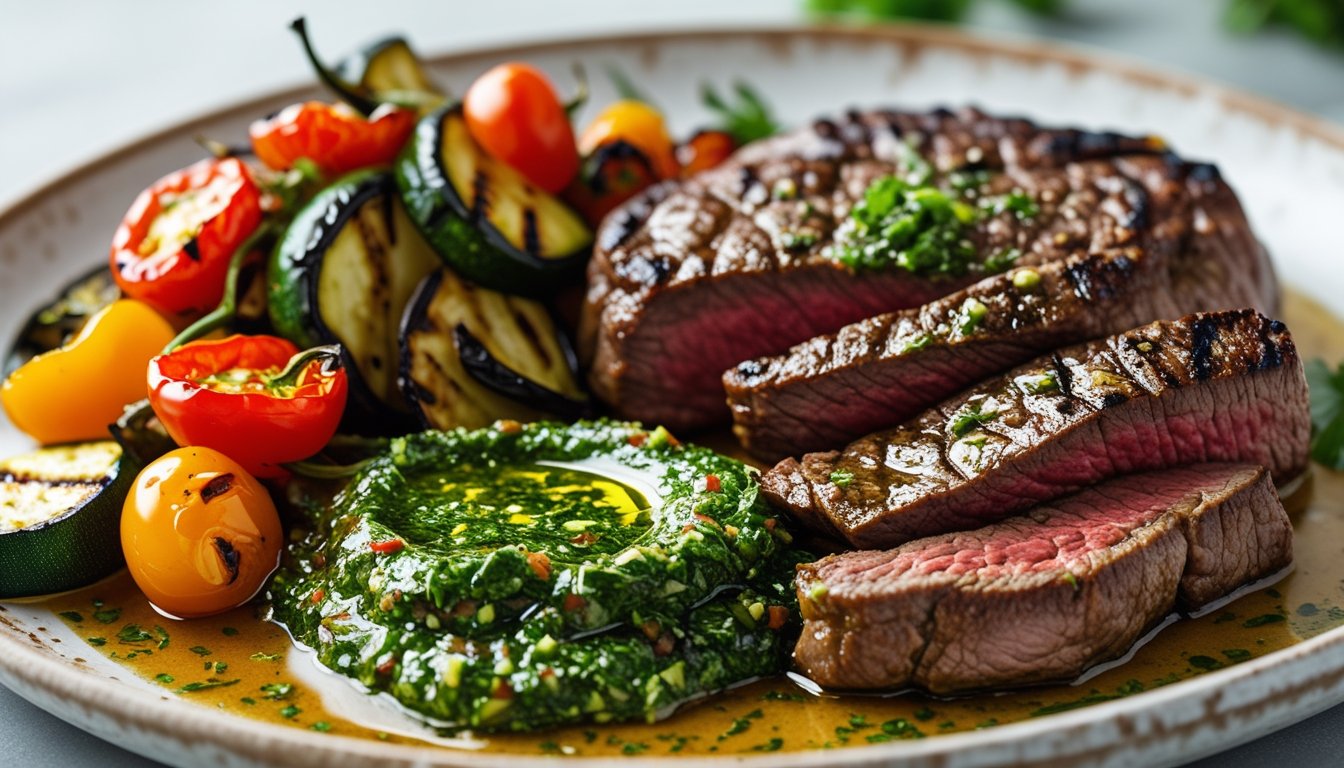 Plated picanha steak with chimichurri sauce and grilled vegetables.