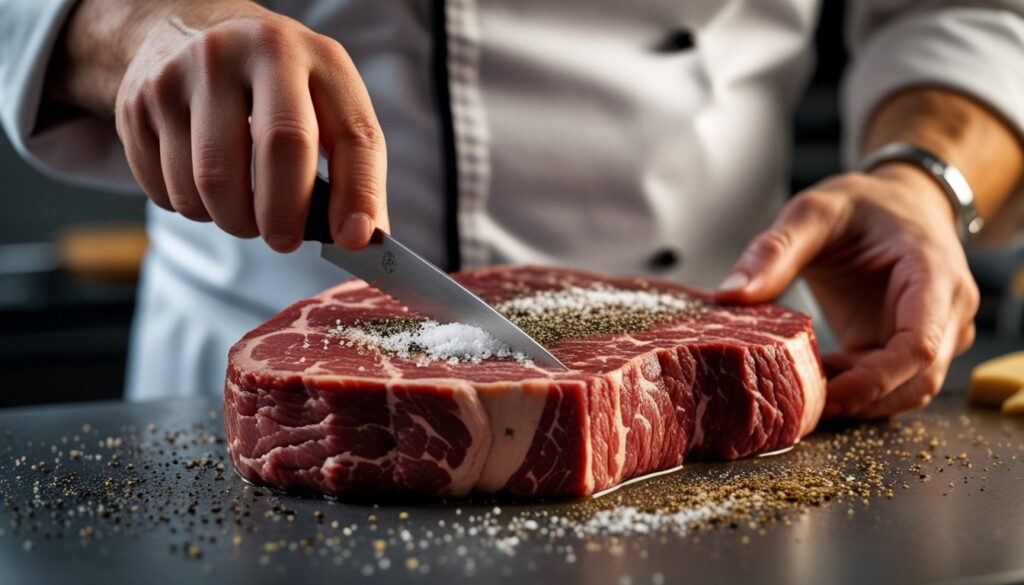 Chef preparing picanha steak by scoring the fat cap and seasoning.