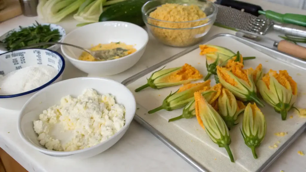 Stuffed summer squash blossoms being prepared with fresh ingredients.