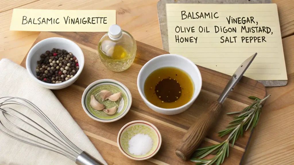 Pro tips for making balsamic vinaigrette displayed with ingredients.