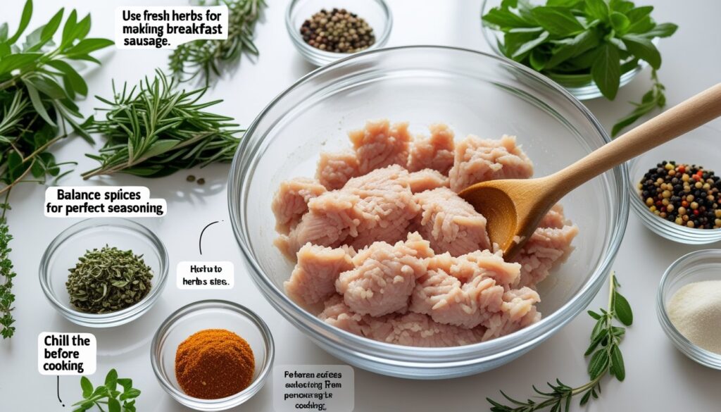 Pro tips for making Chicken Breakfast Sausage displayed with ingredients.