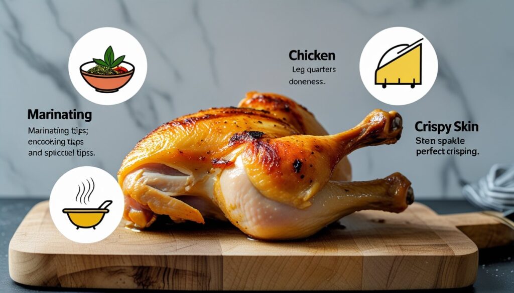 Pro tips for making chicken leg quarters, including marinating and checking doneness.
