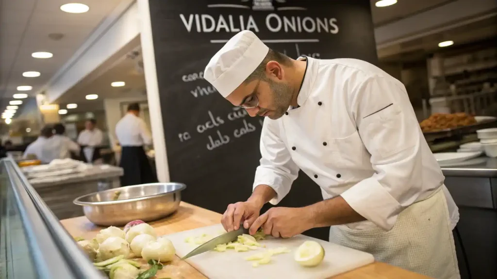 A chef slicing Vidalia onions with cooking tips on a chalkboard.