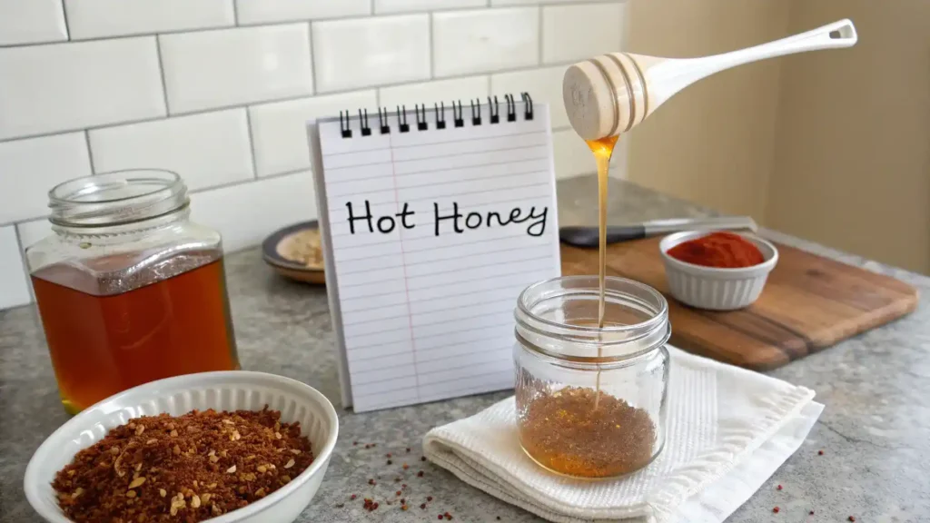 Pro tips for making hot honey displayed on a kitchen countertop with ingredients and a notepad.
