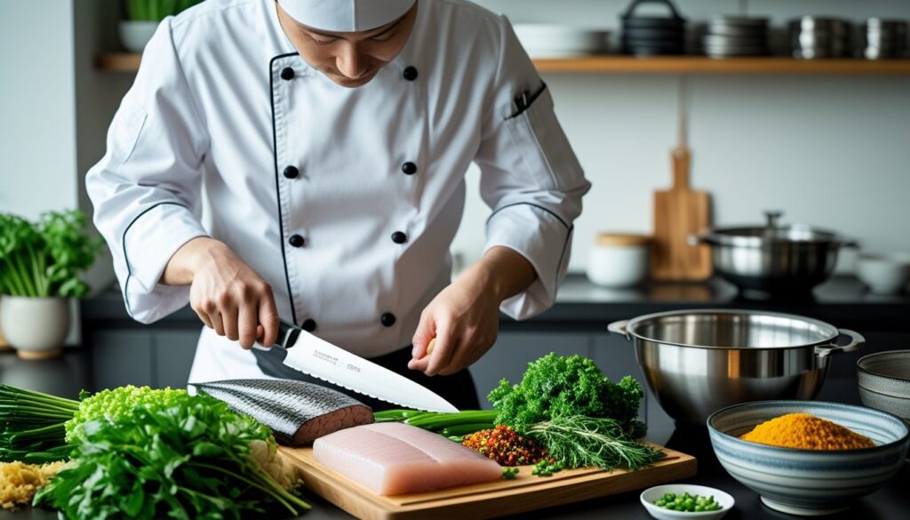 A chef's tips for making a Kayanoya recipe, with fresh ingredients and cooking tools displayed in the background.