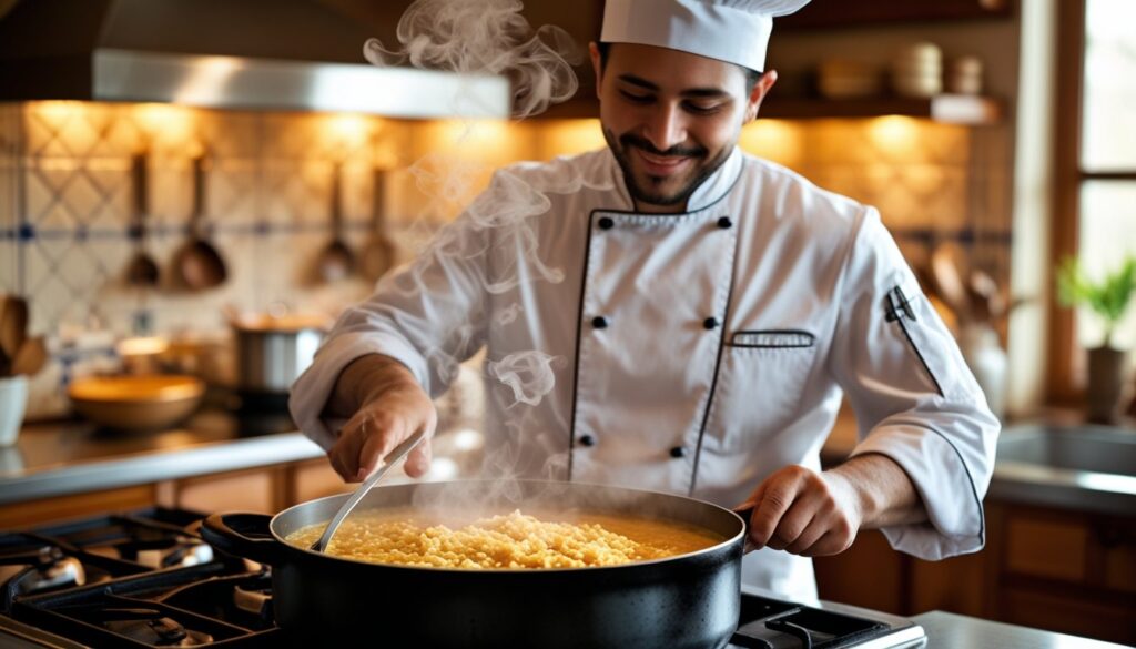 A chef stirring a pot of arroz con leche on the stove, with steam rising.