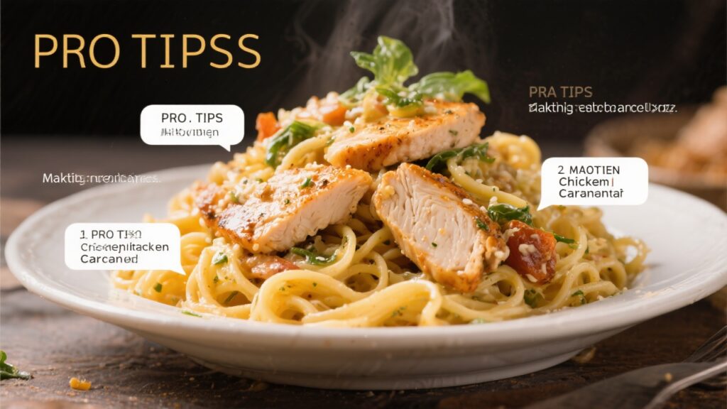 Pro tips for making chicken carbonara displayed with the dish in the background.