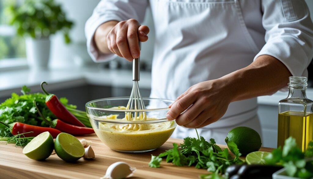 Chef preparing chipotle aioli with fresh ingredients.