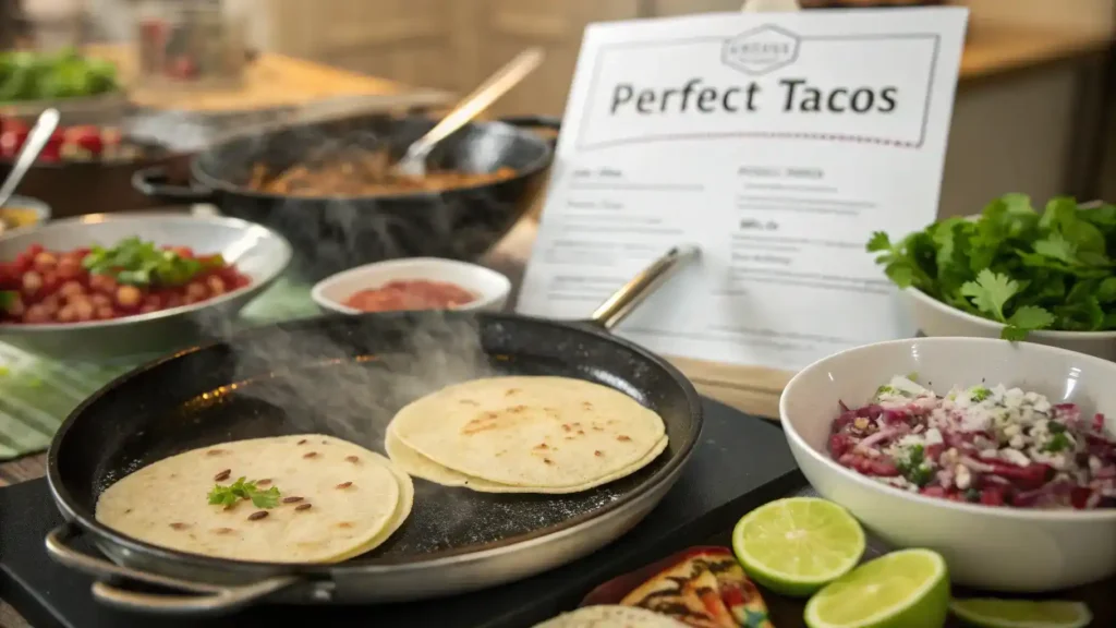 Fresh tortillas warming on a skillet with bowls of toppings and a recipe card in the background.