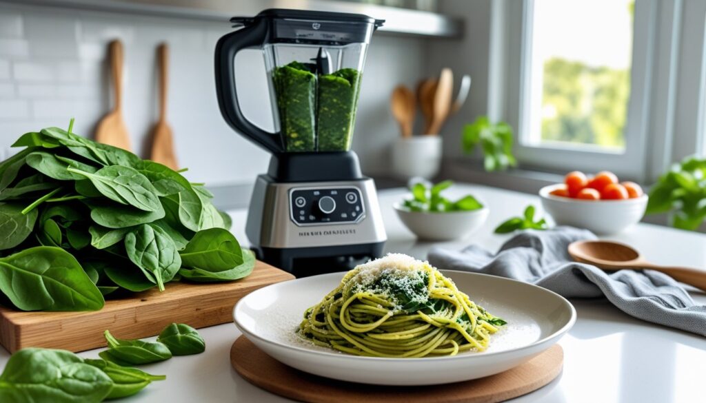 Pro tips for making green spaghetti displayed in a kitchen.