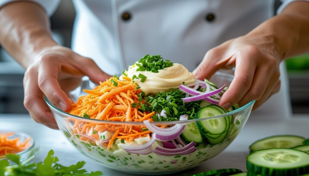 Chef preparing kani salad with fresh ingredients.