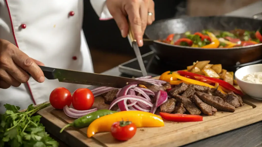 Chef preparing lomo saltado with fresh ingredients.
