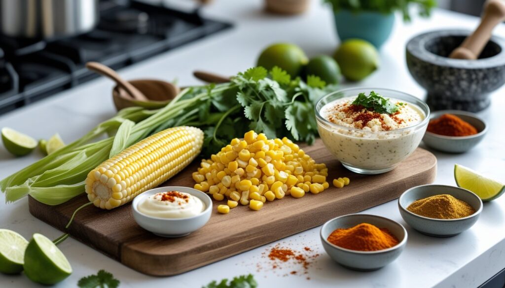 Pro tips for making the best Mexican street corn dip displayed with ingredients.