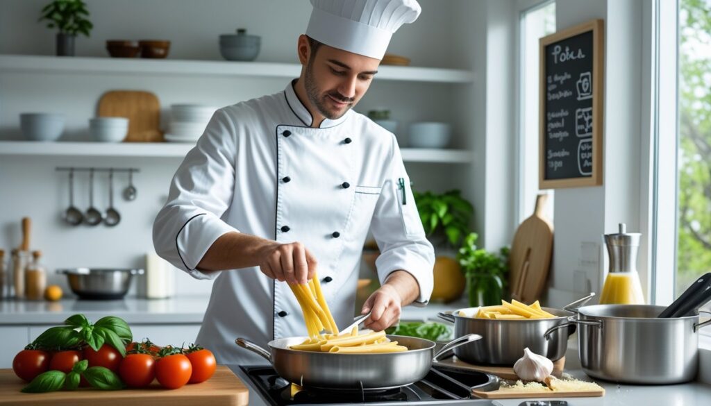 A chef preparing penne and pasta in a bright kitchen.