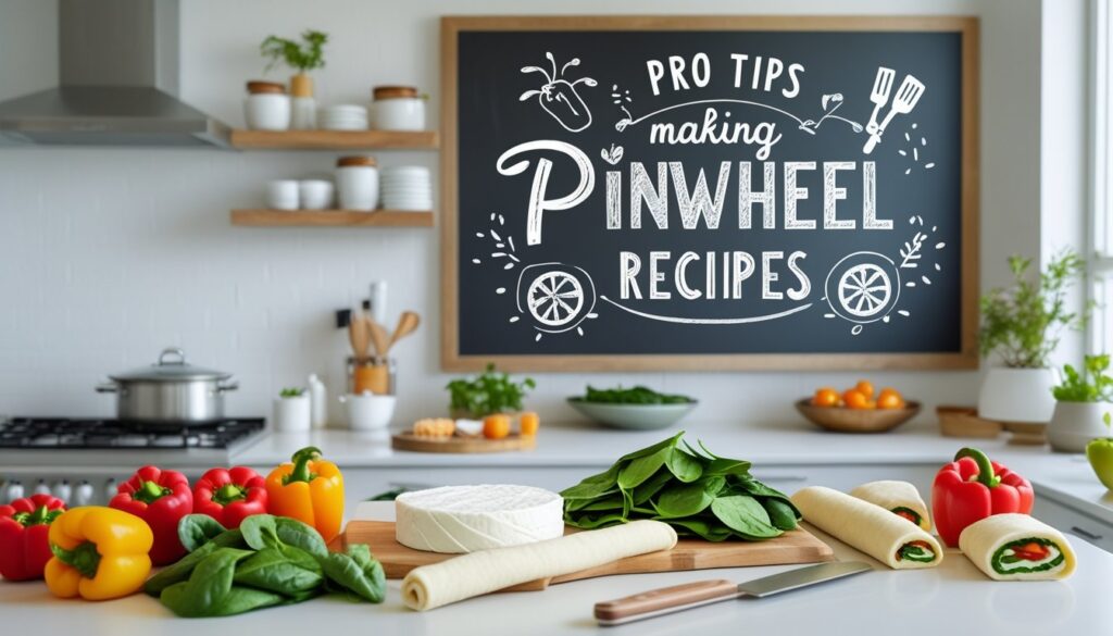 Pro tips for making perfect pinwheel snacks displayed in a kitchen setting.