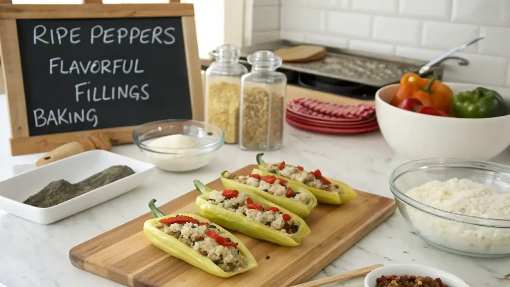 Pro tips for making stuffed banana peppers displayed in a kitchen setting.