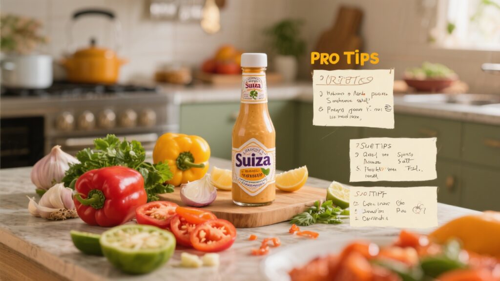 Pro tips for making suiza sauce displayed in a kitchen.