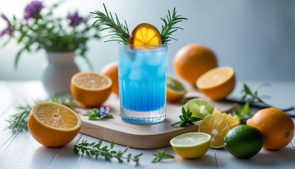 Pro tips for making a Blue Moon-inspired mocktail displayed with fresh ingredients.