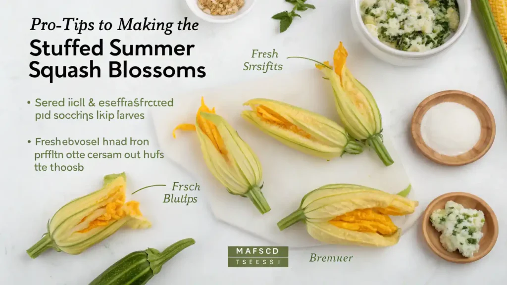 Pro tips for making stuffed summer squash blossoms.