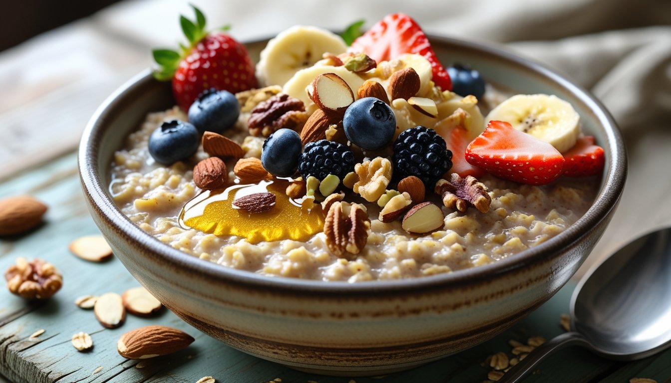A delicious bowl of protein oatmeal topped with fruits and nuts.