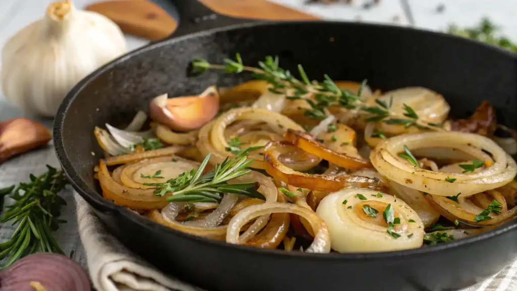 A skillet filled with golden-brown sautéed Vidalia onions and garlic, garnished with fresh herbs.