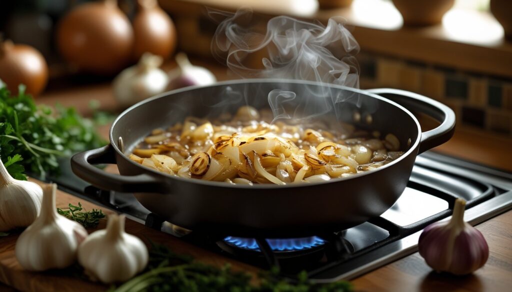 A pot of sautéed onions and garlic for ranch style beans.