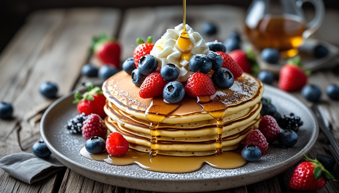 A beautifully served plate of German pancakes with various toppings.