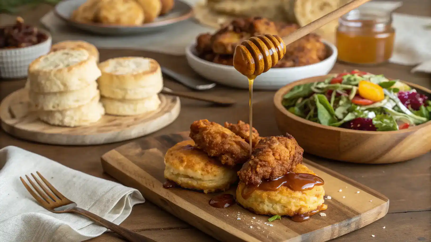 Different ways to serve hot honey, including biscuits, fried chicken, and salads.