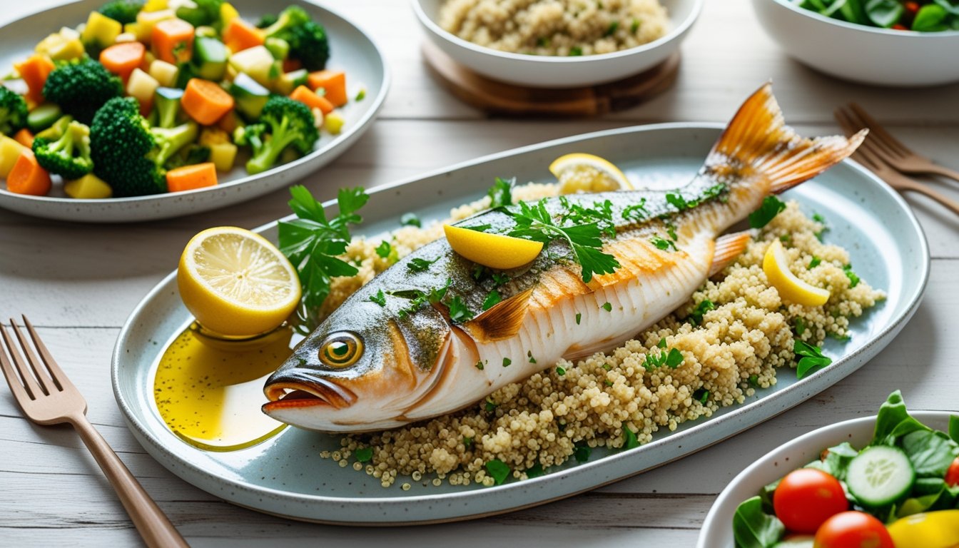 A beautifully served fish with oil dish with various side dishes.