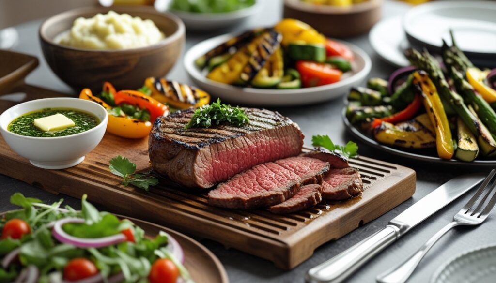 Serving suggestions for picanha steak including chimichurri, vegetables, and sides.
