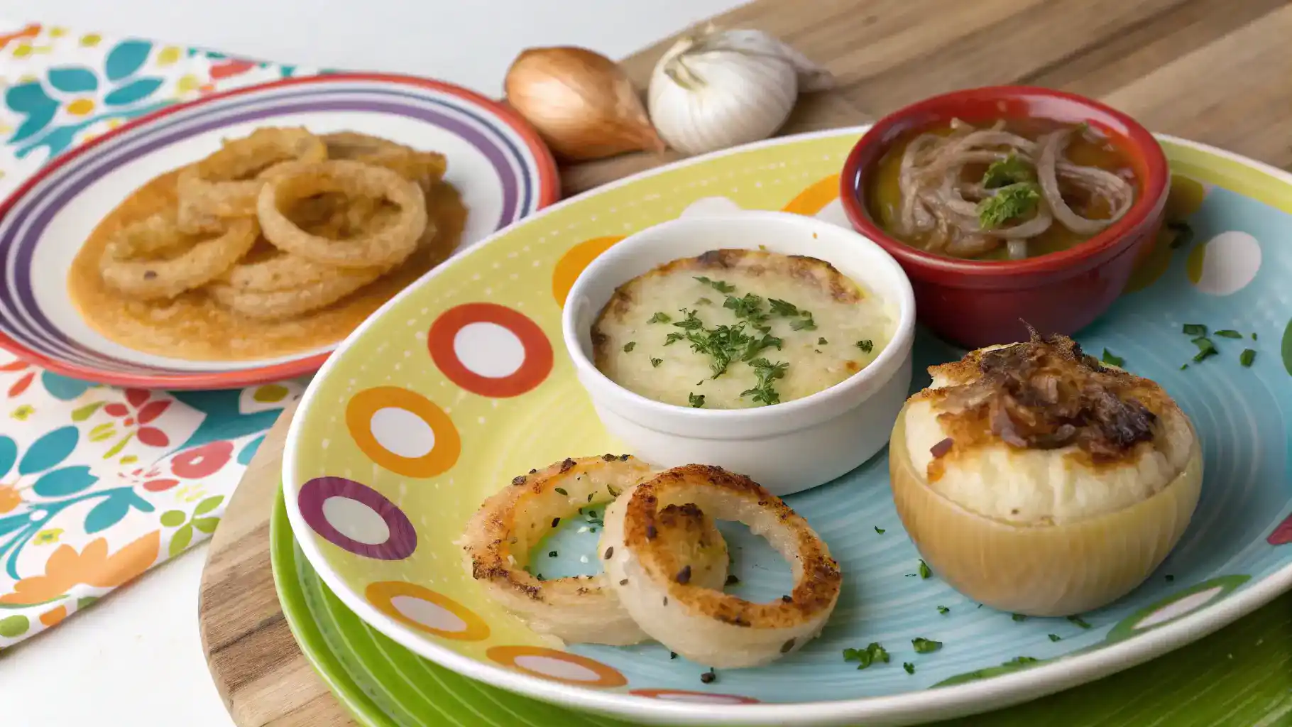 A colorful table displaying various dishes featuring Vidalia onions.