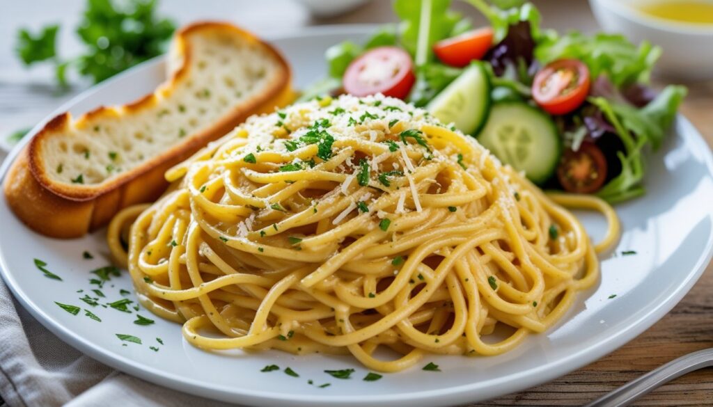 A plate of Million Dollar Spaghetti served with garlic bread and salad.