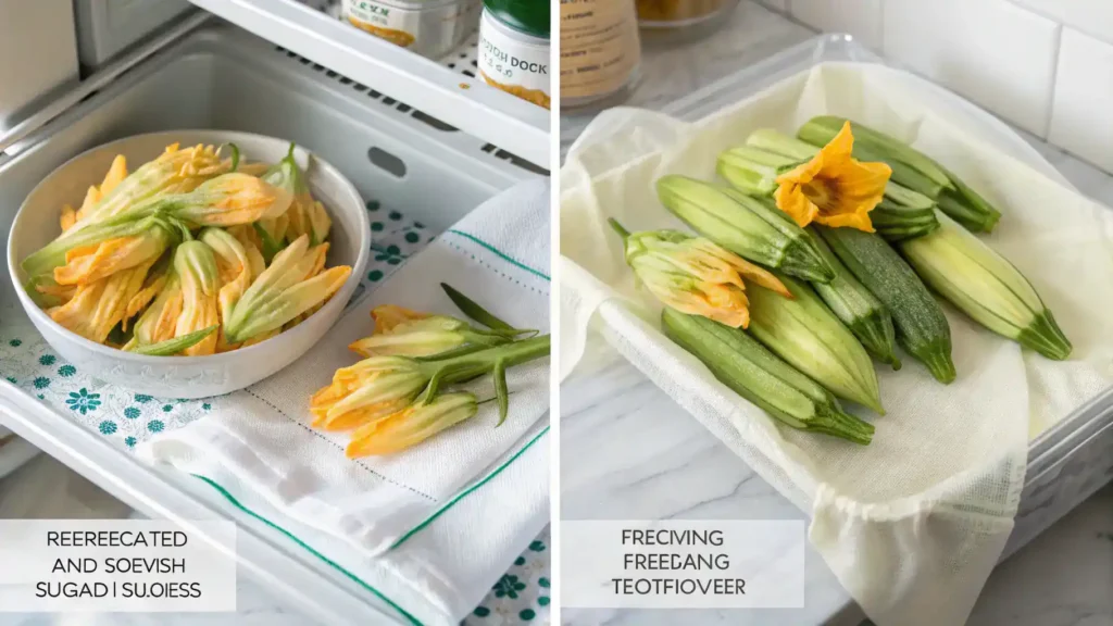 Storage methods for stuffed summer squash blossoms.