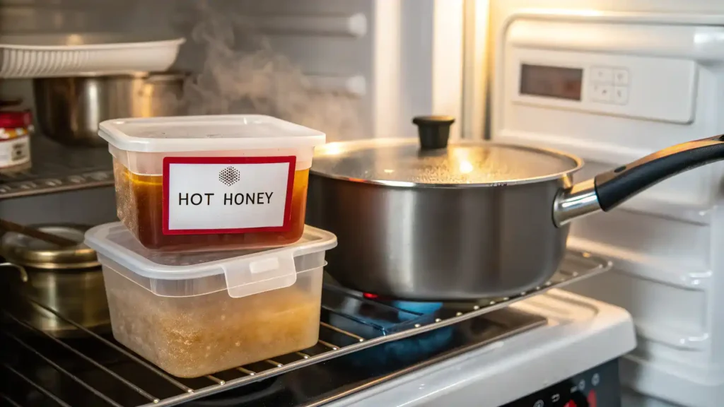 Storage and reheating instructions for hot honey, showing a labeled container and a saucepan.