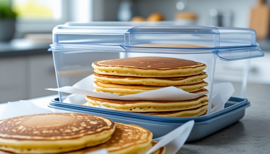 Leftover German pancakes stored in an airtight container with parchment paper.